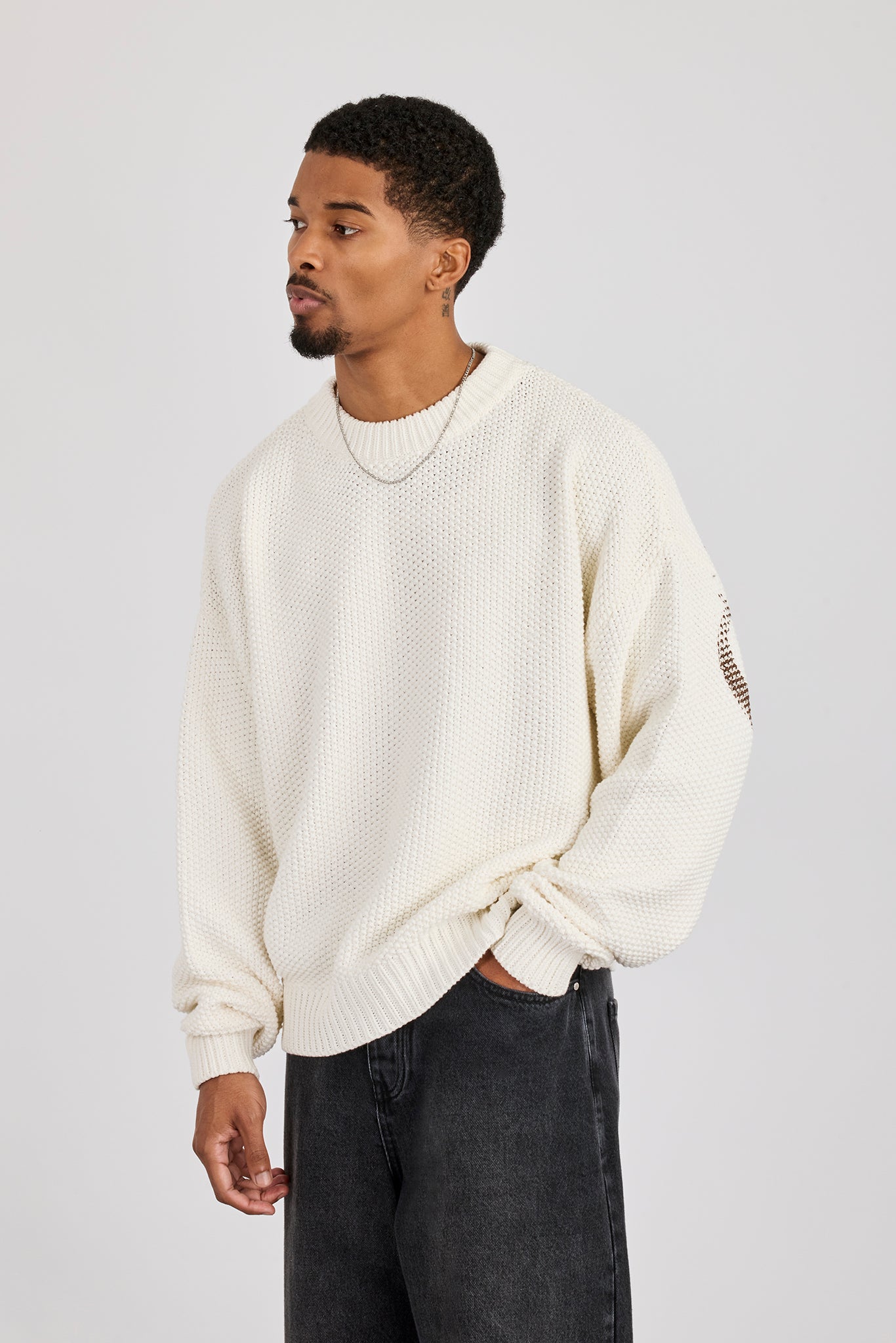 Textured Knit Printed Sweatshirt - Off White